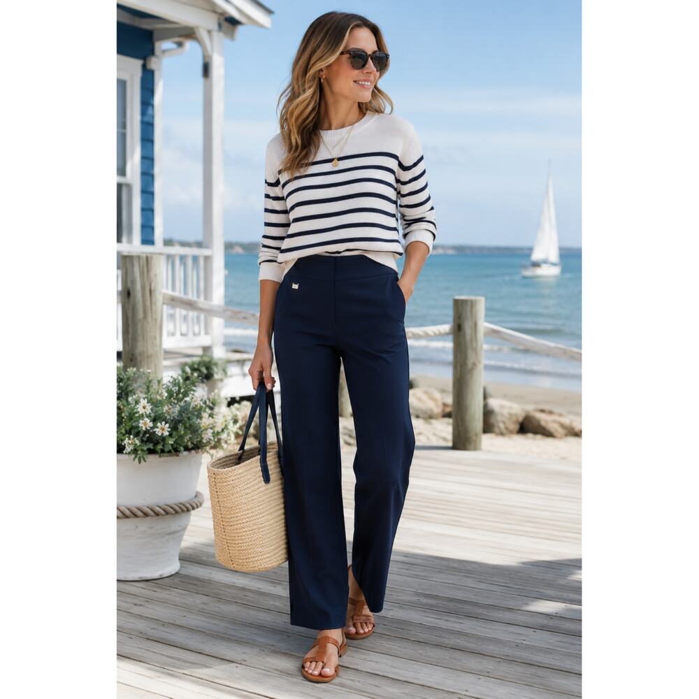 Lulu B Navy Pull On Pants Minimalist Chic Stretch Workwear Nautical Career 6